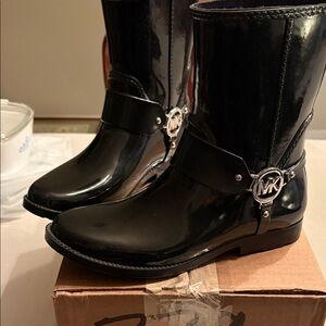 Michael Kors Glossy Black Boots with Silver Logo